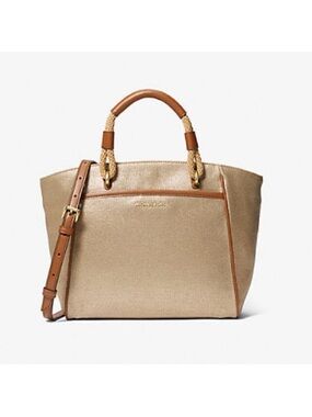 Michael Kors Talia Small Pale Gold Metallic Canvas Grab Tote Crossbody Women's